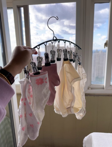 【New Year Specials】One-word clip stainless steel clothes hanger with multiple clips, windproof, no trace sock drying rack, balcony sock drying hanger[Pack of 10] photo review